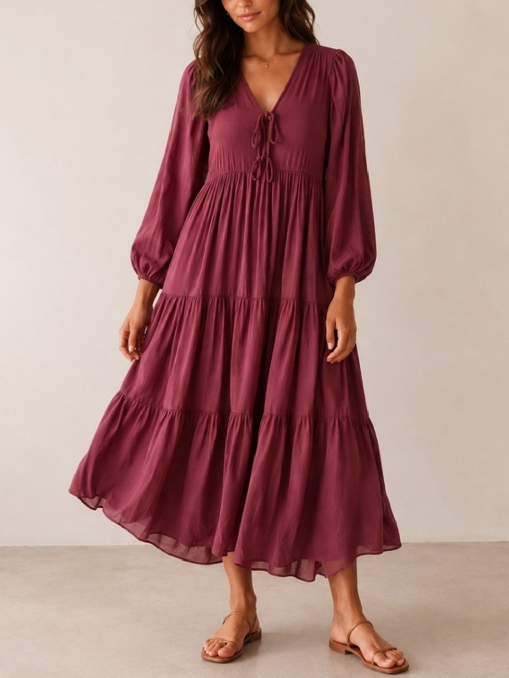 Young Fabulous & Broke Mauve Tiered Boho V Neck Midi Dress XS